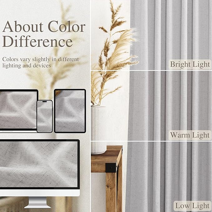 Nanspring Grey Linen Curtains 63 Inches Length 2 Panels Set for Living Room Back Tab Pocket Modern Light Filtering Semi Sheer Drapes Cotton Linen Textured Grey Window Curtain 52X63 Inches
