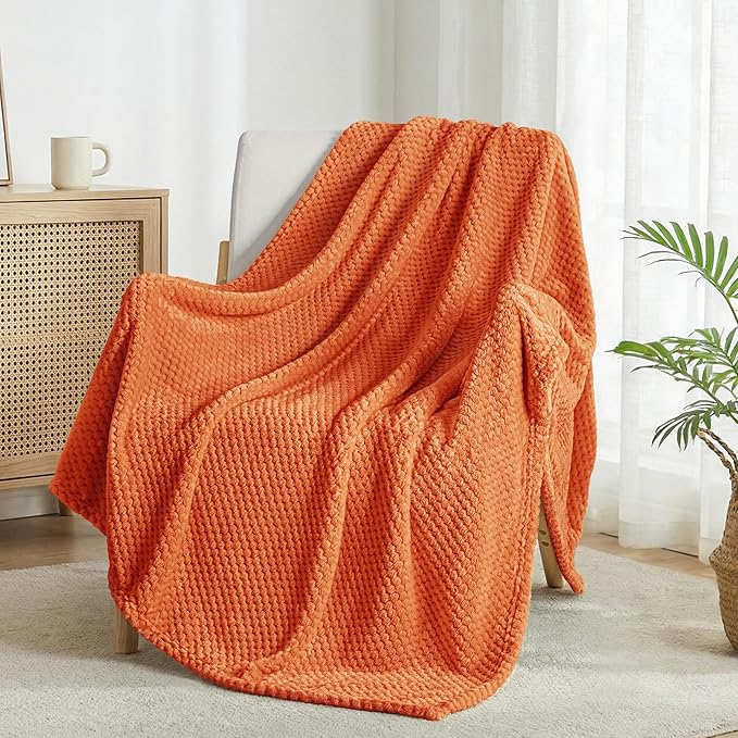 Exclusivo Mezcla Fleece Bed Blanket Queen Size, Super Soft and Warm Blankets for Couch, Sofa and Bed Waffle Textured, Cozy, Fuzzy and Lightweight (Burnt Orange, 90x90 Inches)