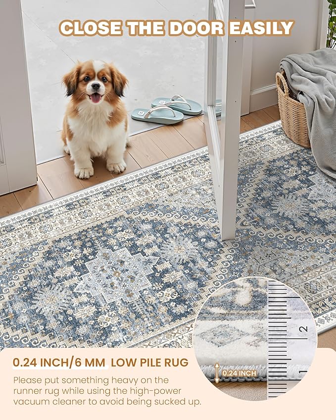 Area Rugs 5x7, Ultra-Thin Washable Rugs for Living Room, Anti-Slip Backing Area Rug for Bedroom, Soft Floral Vintage Home Decor Rug for Dining Room(Blue/Beige,5'x7')