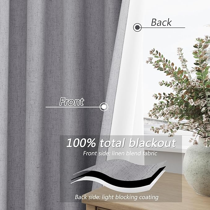 Guken Grey 100% Blackout Curtains 96 Inch Length 2 Panels Set for Living Room Bedroom Back Tab Thermal Insulated Black Out Linen Drapes Room Darkening Window Curtains 96 Inches Long