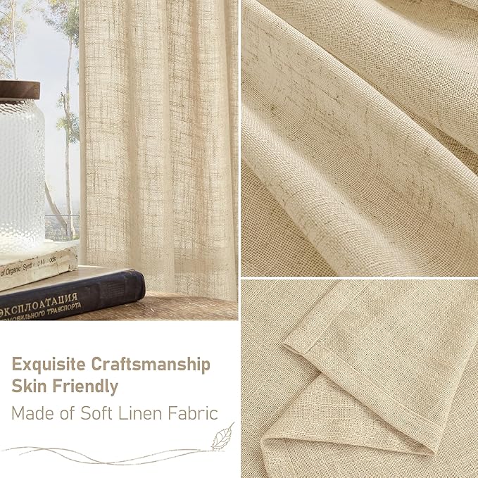 LAMIT Linen Curtains 40 Inch Length 2 Panels, Semi Sheer Light Filtering Panels Back Tab and Rod Pocket Neutral Drapes for Basement/Window/Loft Room, 34 x 40 Inch