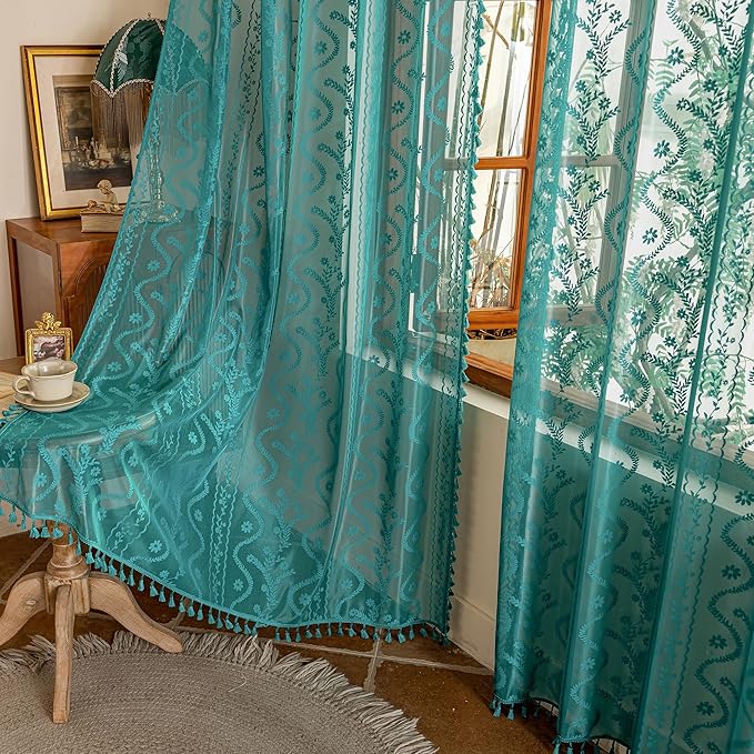 WAZZIO Boho Lace Curtains 2 Panels 63 Inch -Victorian Sheer Panel Drape French Country Floral Pattern & Tassel Light Filtering Privacy for Bedroom Dining Living Room,Coastal Decor,Teal,W52x L63