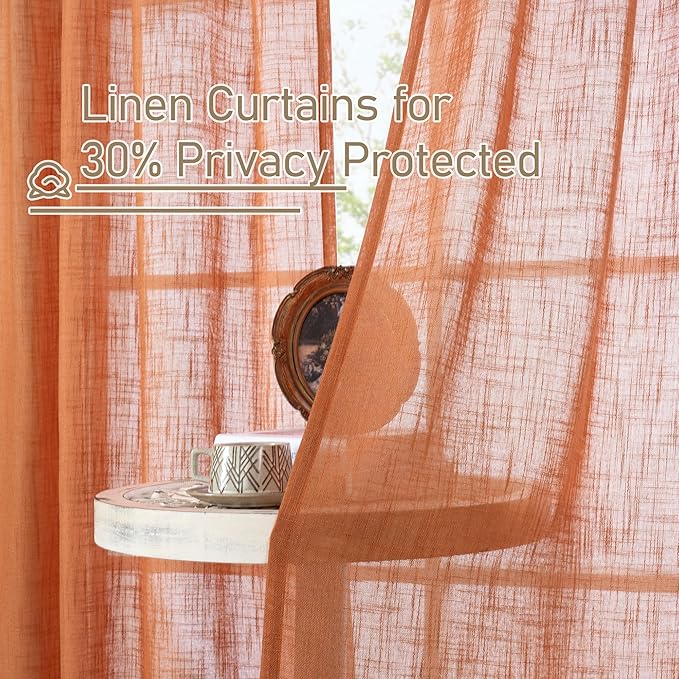 LAMIT Burnt Orange Linen Curtains for Bedroom, 72 Inch Length Light Filtering Semi Sheer Panels Back Tab and Rod Pocket Neutral Drapes for Living Room, 2 Panels, 34 x 72 Inch