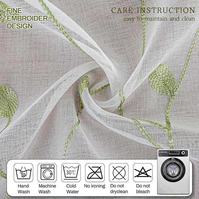 AmHoo 2 Panels Embroidered Leaf Pattern Semi Sheer Curtains Foliage Floral Voile Window Draperies Treatment for Bedroom Living Room Rod Pocket White Light Green 53 x 63 Inch