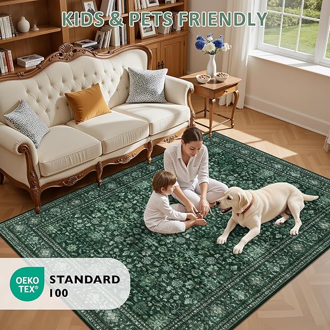 6x9 Area Rugs Living Room Rug: Washable Vintage Distressed Floral Rug No Slip Stain Resistant Soft Carpet Indoor Large Carpets for Bedroom Dining Room Farmhouse Nursery Home Office Deep Green