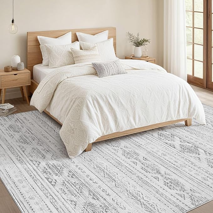 Nakagishi 9x12 Area Rug Living Room: Washable Boho Large Neutral Soft Farmhouse Modern Rugs Stain Resistant Moroccan Non-Slip Indoor Carpet for Bedroom Nursery Kids Office Dining Room- Dark Grey