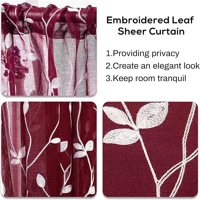 AmHoo 2 Panels Embroidered Leaf Pattern Semi Sheer Curtains Foliage Floral Voile Window Draperies Treatment for Bedroom Living Room Rod Pocket Burgundy Red 53 x 63 Inch