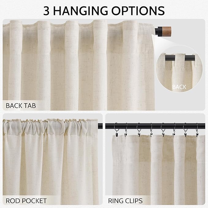 Nanspring 102 Inch Long Curtains for Living Room Birch Beige Linen Light Filtering Semi Sheer Curtain Back Tab Modern Farmhouse Decor Floor to Ceiling Coastal Drapes for Bedroom 52x102, 2 Panels