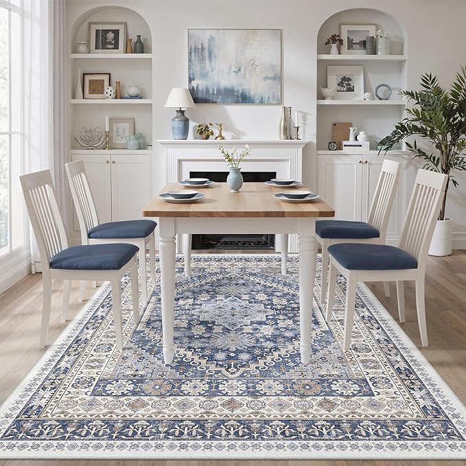 zesthome 5x7 Area Rugs - Ultra-Thin Washble Rug, Stain Resistant Anti Slip Backing Rugs for Living Room,Bedroom, Vintage Home Decor Area Rug (Blue/Beige,5'x7')