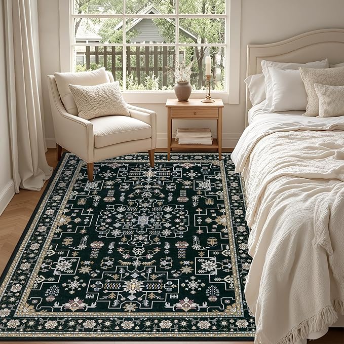 3x5 Area Rugs Living Room Rug: Washable Vintage Boho Medallion Rug No Slip Stain Resistant Soft Carpet Indoor Floor Large Carpets for Bedroom Dining Room Farmhouse Nursery Hallway Home Office Black