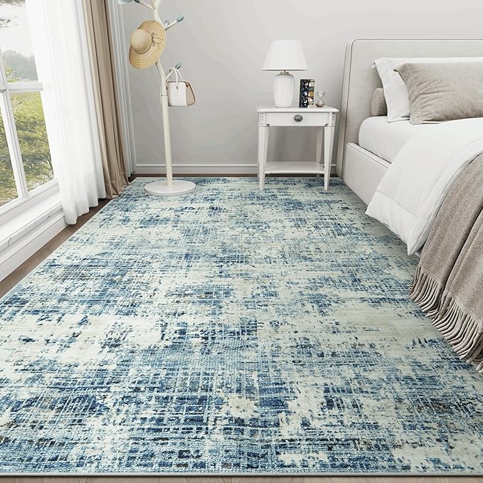 9x12 Area Rugs for Living Room Washable Rug: Anti-Skid Abstract Modern Living Room Rug Soft Thin Carpets Indoor Floor Non-Shedding Carpet for Bedroom Dining Farmhouse Nursery Blue Gray Gold