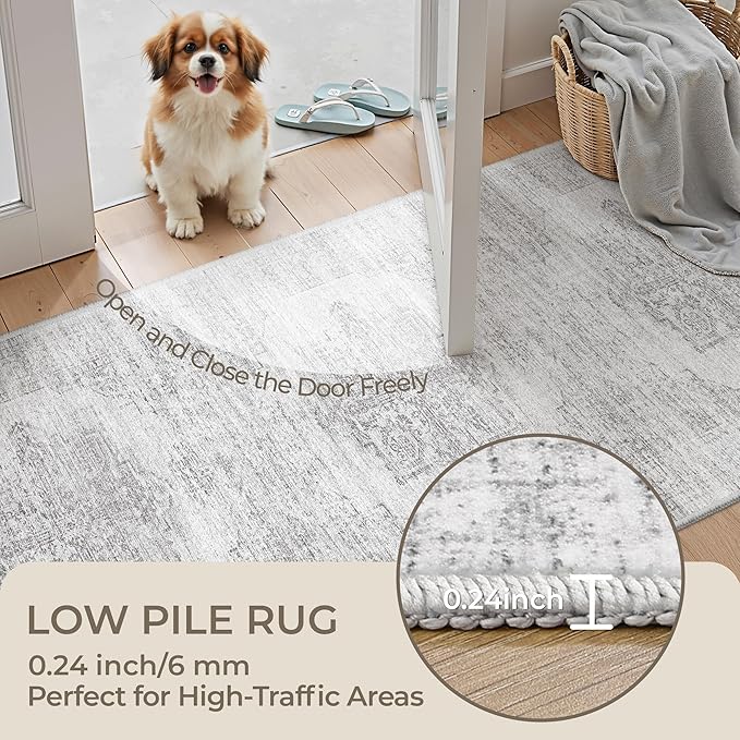 2x6 Runner Rug Non Slip for Entryway, Washable Runners for Kitchen, Soft Thin Hallway Rug for Bedroom, Laundry, Small Stain Resistant Indoor Door Mat(2'x6', Light Grey/White)