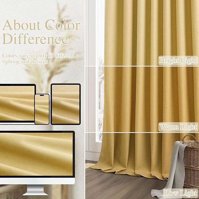 Gold 100% Blackout Linen Curtains 84 Inch Length 2 Panels Set for Living Room Bedroom Back Tab Thermal Insulated Black Out Drapes Room Darkening Farmhouse Style for Bedroom Window Curtains 52x84