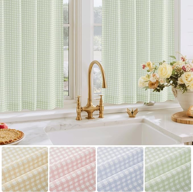 RYB HOME Gingham Cafe Curtains 24 inch Length, Linen Checkered Vintage Farmhouse Plaid Curtains Small Window Treatment for Kitchen Living Room Bathroom Valance, Sage Green, W26 x L24, 2 Panels