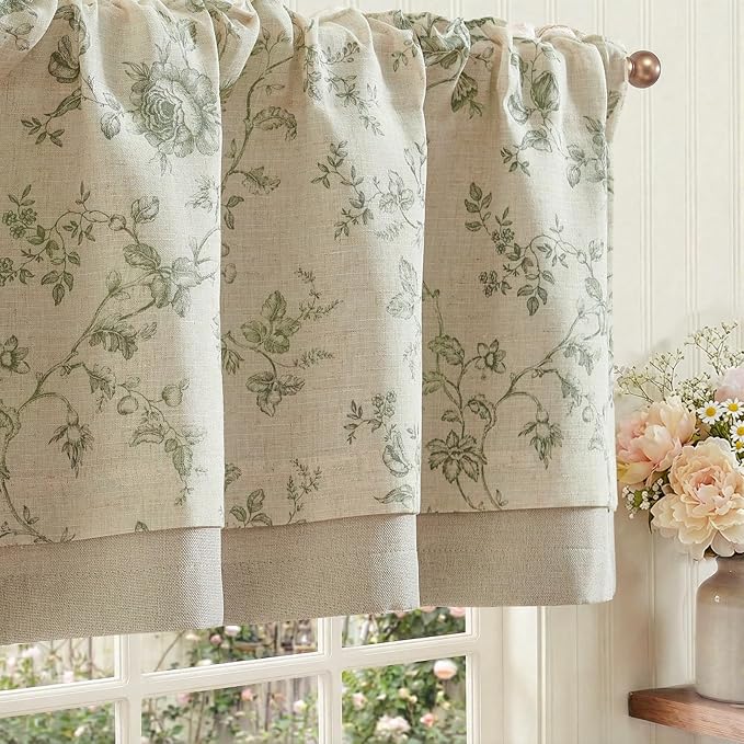 jinchan Amlie Floral Linen Valance Curtain Farmhouse Kitchen Valance for Living Room Laundry Light Filtering Double Layer Cottagecore Window Treatment Rod Pocket 1 Panel 16 Inch Sage Green on Linen