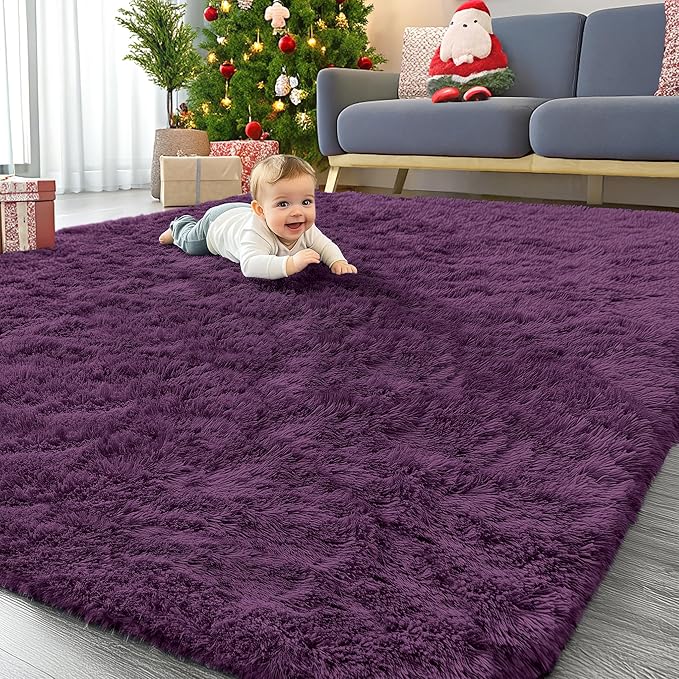 OLANLY 6x9 Machine Washable Large Area Rugs for Living Room, Bedroom, Soft Fluffy Shaggy Bedside Rug, Indoor Floor Carpet for Kids Girls and Boys, Dorms, Nursery, Home Decor Aesthetic, Dark Purple