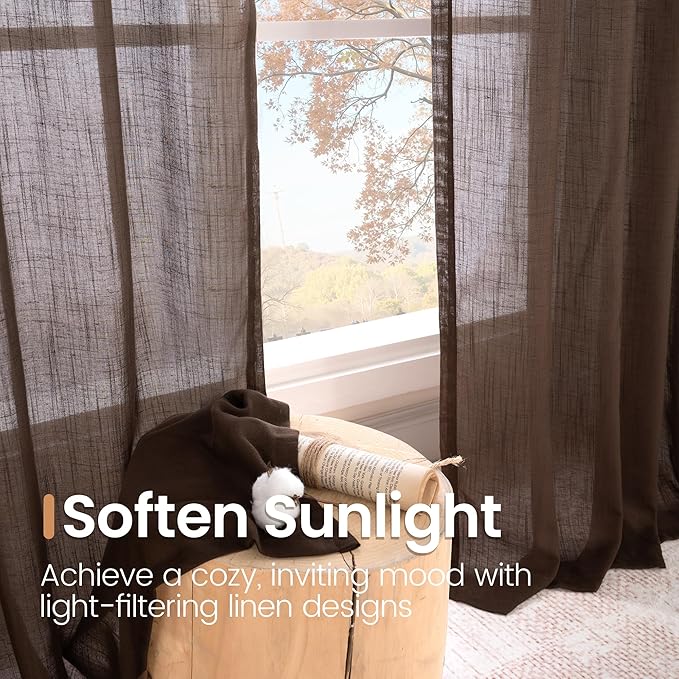 BGment Linen Curtains 40 Inch Length for Short Window, Brown Small Semi Drapes for Kitchen Cafe Over Sink Bathroom Decor Lightweight Rustic Country Textured Rod Pocket, 2 Panels Set, Each 42 Inch Wide