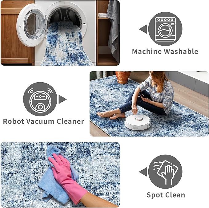 3x10 Washable Runner Rug for Hallway: Non Slip Runners Rugs Easy-to-Clean - Soft Living Room Bedroom Kitchen Carpet - Thin Low Pile Printed Floor Mat for Dining Room Blue