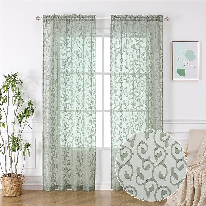 OWENIE Sage Green Semi Sheer Curtains 84 inches Long for Bedroom Living Room 2 Panels Set, Light Filtering Semi Sheer Curtains Elegant Clip Jacquard, Rod Pocket Window Treatments, 2 Pcs = 84" Width
