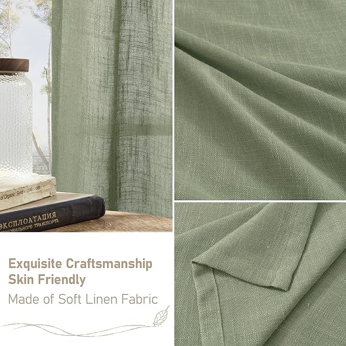 LAMIT Sage Green Linen Curtains 54 Inch Length 2 Panels, Light Filtering Panels Back Tab and Rod Pocket Neutral Drapes for Kitchen/Window/Bedroom, 52 x 54 Inch