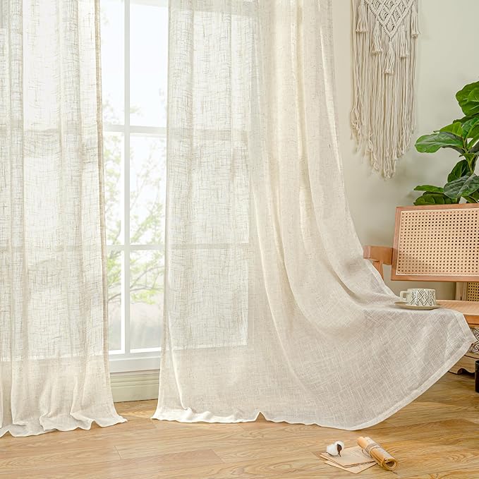LAMIT Linen Sheer Curtains 84 Inches Long for Living Room, Soft Linen Textured Window Drapes Semi Sheer Light Filtering Bronze Grommet Neutral Panels for Bedroom, Cream Ivory, 2 Panels, 34 x 84 Inch