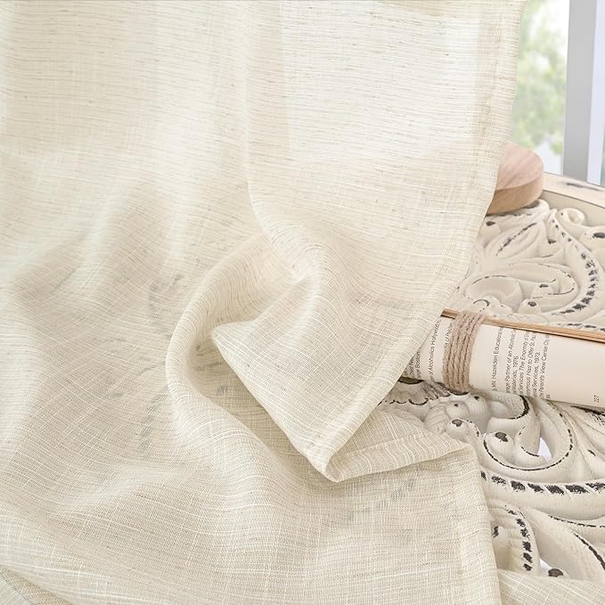 BGment Cafe Linen Curtains 30 Inch Length for Small Window, Beige Half Window Drapes Semi Sheer Lightweight with Rod Pocket for Bathroom Kitchen Over Sink, 2 Panels Set, 24 Inch Wide Each Panel