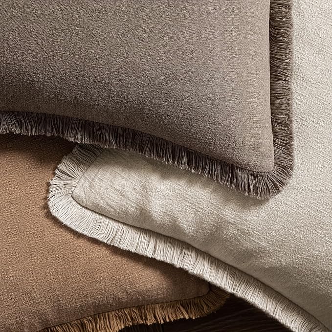 MIULEE Decorative Throw Pillow Covers Neutral Linen Fringe Throw Pillows Set of 2 Natural Coffee Boho Farmhouse Cushion Covers with Tassels for Couch Sofa Bed Living Room Spring Decor 18x18 Inch