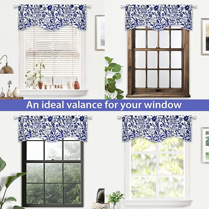 DriftAway Julia Lined Valance Double Layer Thermal Insulated Room Darkening Blackout Valances 3 Inch Rod Pocket Scalloped Edge Window Valance for Bathroom Living Room 52 Inch by 16 Inch Navy