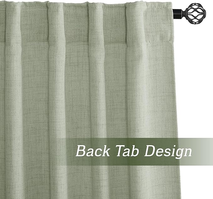 RYB HOME Linen Sheer Curtains and Drapes for Living Room and Dining Room 96 inches Length, Breathable Back Tab/Rod Pocket Semi Sheer Curtains, Sage Green, W 52 x L 96 inches, 2 Panels Set