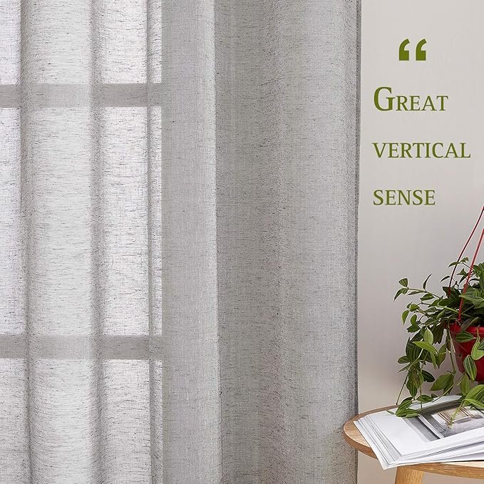 NICETOWN Living Room Sheer Linen Curtains for 84 inch Length 2 Panels Set, Grommet Semi Sheer Linen Blend Drapes Privacy with Light Filtering for Sliding Door, Charcoal Grey, W70 x L84
