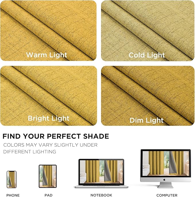 Joydeco Blackout Curtains for Bedroom - 72 Inch Long 100% Light Blocking 2 Panels Set Yellow Drapes, Thermal Insulated Room Darkening Curtains, Linen Textured for Living Room, Rod Pocket & Back Tabs