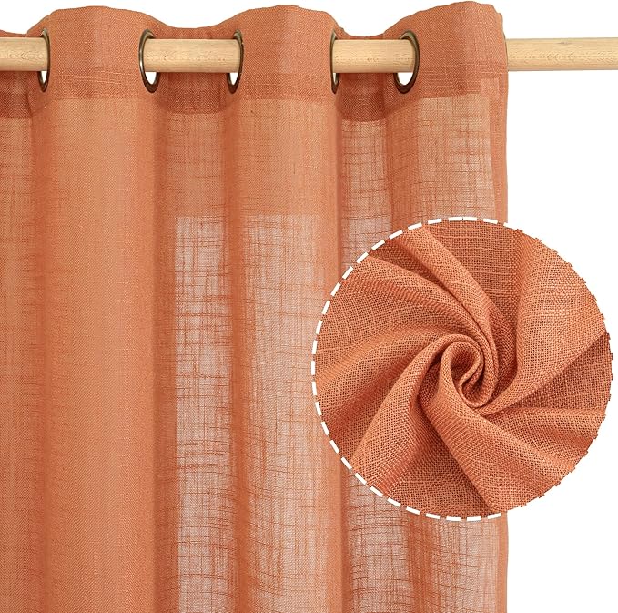 LAMIT Burnt Orange Linen Curtains 45 inches Long for Kitchen, Linen Textured Light Filtering Semi Sheer Bronze Grommet Natural Boho Drapes for Living Room, 2 Panels Set, 34 x 45 Inch
