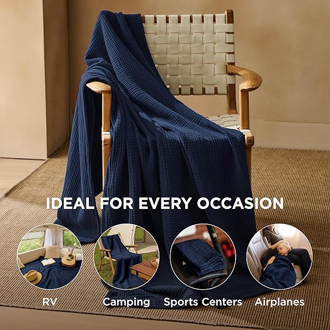 Bedsure 100% Cotton Muslin Throw Blanket Twin XL for Bed - 4-Layer Breathable and Lightweight Thin Soft Summer Gauze Muslin Blankets for Adults, Navy Blue, 66x90 Inches