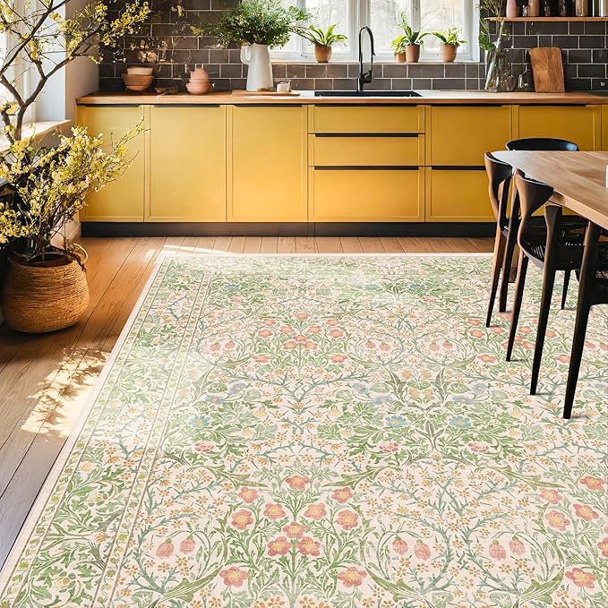 Washable Light Green Rug for Bedroom - 9x12 Large Area Rug for Dining Room Under Table, Living Room, Soft Low Pile Carpet for Playroom - Vintage Floral Non-Slip Stain Resistance (9x12 Beige Green)