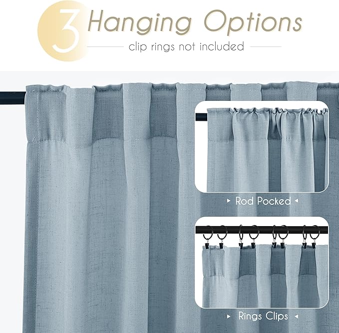 Dusty Blue Linen Curtains for Living Room Back Tab Light Filtering Semi Sheer Light Blue Bedroom Curtain Linen Cotton Textured Grey Blue Drapery Panel Airy Modern Farmhouse Aesthetic Decor 52x108 Long