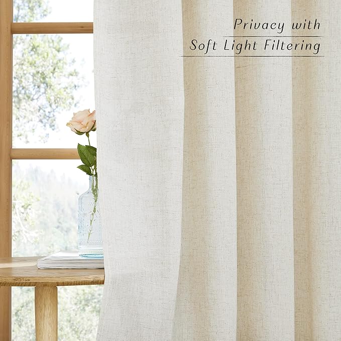 NICETOWN Linen Flax Semi Sheer Curtains 72" Length, Grommet Window Treatments Privacy Added with Light Penetration Vertical Drapes for Loft/Home Office, Natural, W55 x L72, 2 Panels