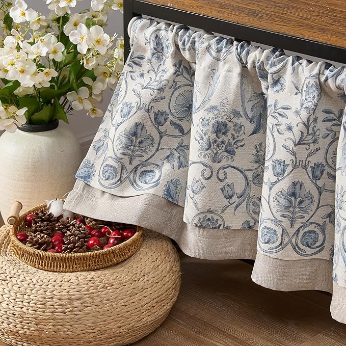 jinchan Linen Valance Kitchen Curtain for Windows Double Layer 18 Inch for Living Room Bedroom Window Treatment Light Filtering Vintage Rustic Farmhouse Cottagecore Rod Pocket 1 Panel Blue on Beige
