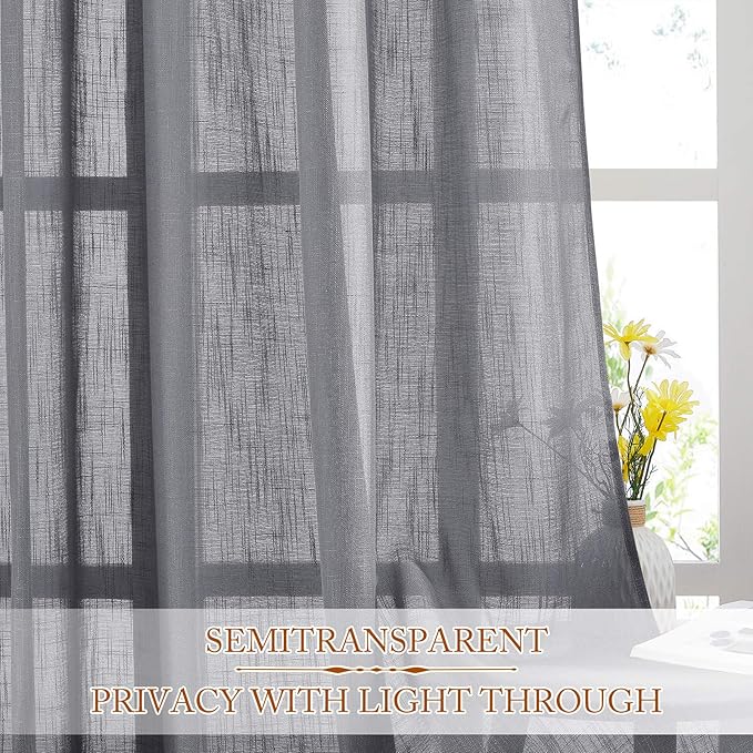 NICETOWN Linen Sheer Curtains for Living Room, Rod Pocket & Back Tab Semi Sheer Linen Curtain Drapes Privacy with Light Filter for French Door/Bedroom (2 Panels, W52 x L95, Dark Grey)