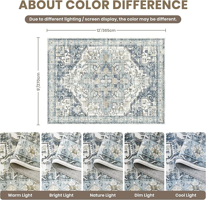 zesthome 9x12 Area Rugs-Washable Rug for Living Room, Non-Slip Backing Rugs, Stain Resistant 9x12 Rug for Bedroom, Ultra-Thin Low Pile Rugs, Vintage Large Home Decor