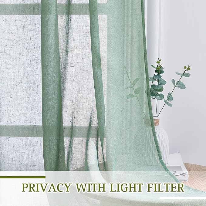 NICETOWN Linen Curtains Flax Sheer Texture for Living Room, Grommet Semi Sheer Vertical Drapes Privacy with Light Filter for Home Office/Farm House, W52 x L96, Olive Green, 1 Pair