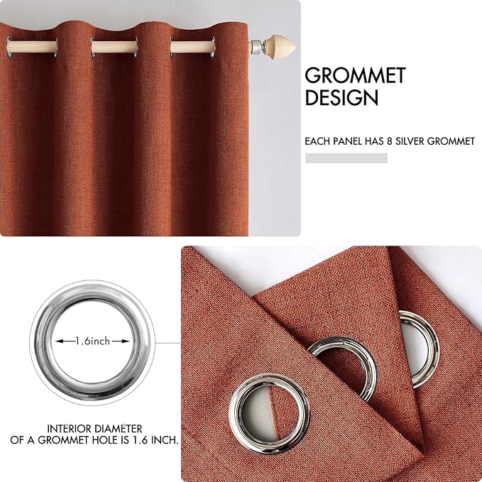 MIULEE Linen Curtains for Bedroom 100% Blackout Thermal Insulated Burnt Orange Grommet Room Darkening Curtains & Drapes Rust Terracotta Fall Decor for Living Room Nursery 52 x 63 Inch (2 Panels)