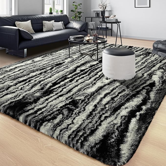 Tepook Soft Fluffy Rugs for Living Room, 5x8 Shaggy Area Rug for Bedroom, Modern Shag Rug Fuzzy Carpets for Kids, Plush Indoor Nursery Home Decor Rug with Non-Slip Bottom, Black White