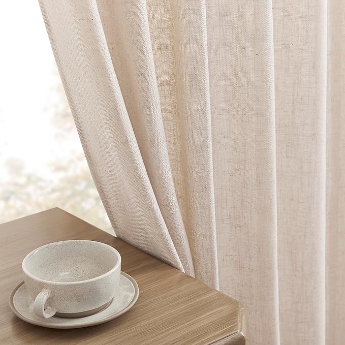Joydeco Linen Curtains for Living Room,Semi Sheer Drapes Window Long Curtains 96 inches Long Pink Beige