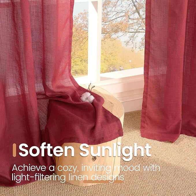 BGment Burgundy Linen Curtains 63 Inches Long for Living Room, Semi Sheer Window Drapes Textured for Bedroom Dining Light Filtering with Rod Pocket Lightweight, 2 Panels, Each 52 Inch Wide