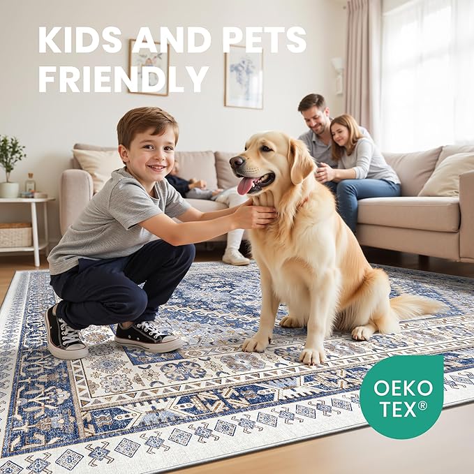zesthome 8x12 Area Rugs,Stain Resistant Washable Rug,Ultra-Thin Rugs for Living Room,Bedroom,Non-Slip Backing Home Decor Large Area Rug (Blue/Beige,8'x12')