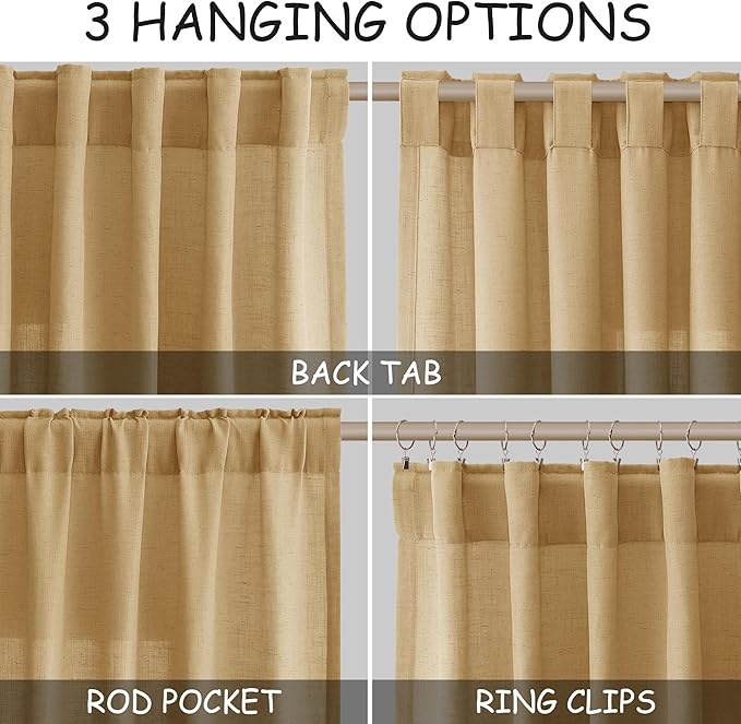 Gold Yellow Linen Curtains 102 Inches Long Rod Pocket Back Tab Drapes 2 Panels Set for Living Room Sheer Light Filtering Semi Sheer Gold Yellow Curtain 102 Length for Patio Sliding Glass Door 52x102
