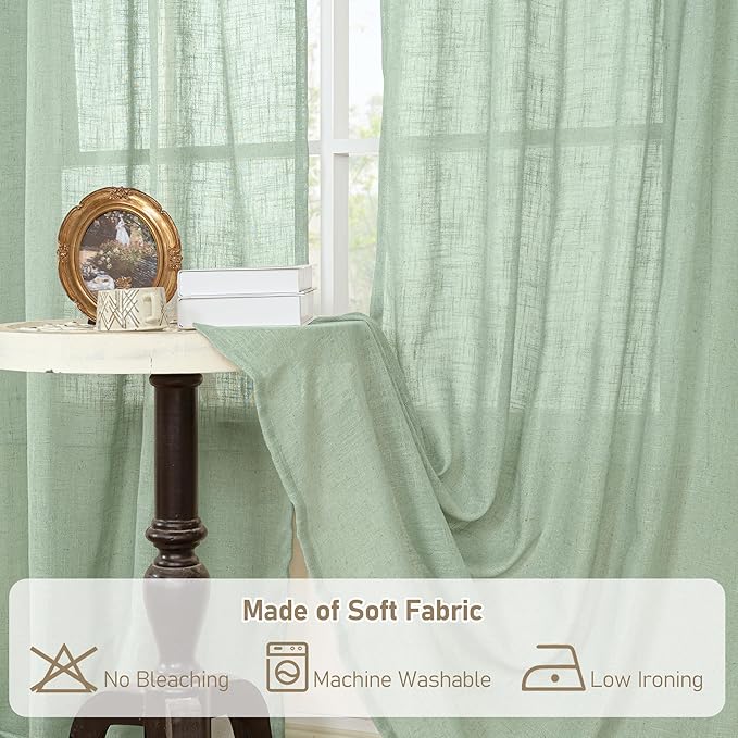LAMIT Semi Sheer Linen Curtains 45 Inches Long, Light Filtering Panels Back Tab and Rod Pocket Neutral Drapes for Kitchen/Window/Bedroom, Fresh Green, 2 Panels, 52 x 45 Inch