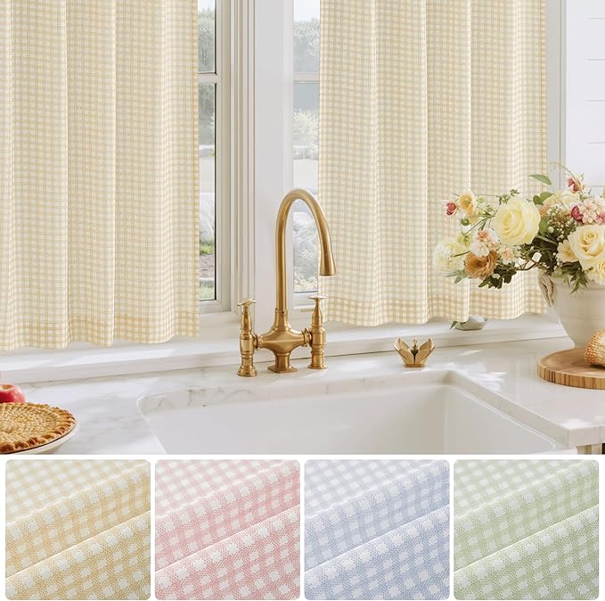RYB HOME Kithen Curtains Rustic Plaid Cafe Tier, Classic Short Checkered Drapes 36 inch Length Small Window Treatment Valance for Living Room Bathroom Bistro Farmhouse, Yellow, W26 x L36, 2 Panels