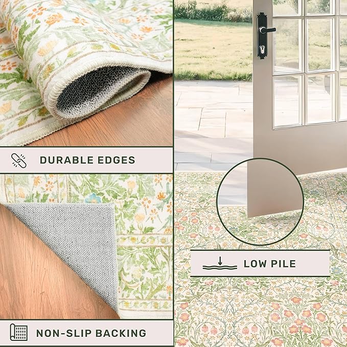 Vintage Washable Beige Green 10x12 Rug for Living Room - Extra Large Area Rug for Dining Room Under Table, Soft Low Pile Carpet for Bedroom - Botanical Forest Floral Design