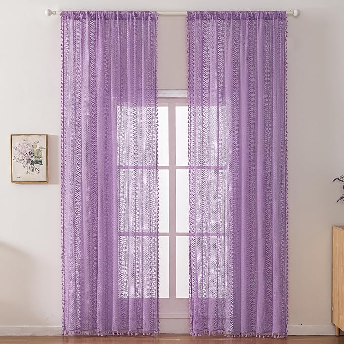 WAZZIO Boho Lace Curtains 84 Inches 2 Panel,Light Filtering Privacy Tassel & Geometry Crochet Semi Sheer Curtain Drapes for Bedroom Living Dining Room,Rod Pocket & Tassel,Lavender Purple